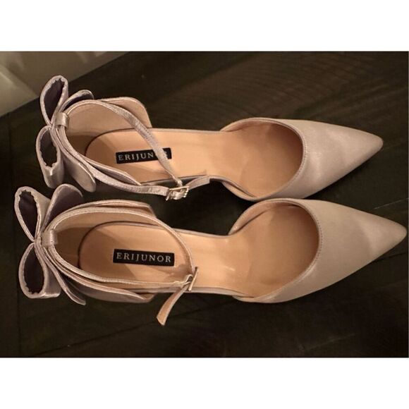 Wedding Shoes silver 9.5 Mid Heels Pumps with Bow Knot Satin Shoes - Picture 5 of 10